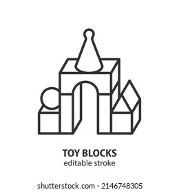 Toy wooden blocks line icon. Building bricks symbol. Editable stroke. Vector illustration.