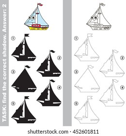 Toy yacht with different shadows to find the correct one. Compare and connect object with it true shadow. Easy educational kid gaming. Simple level of difficulty. Visual game for children.