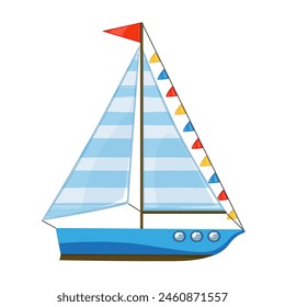 Toy yacht with a large striped triangular sail and flags isolated on white background. Image produced without the use of any form of AI software at any stage.