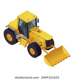 Toy yellow tractor with a yellow bucket, featuring automotive design details such as locking hubs and treaded tires, against a white background. Vector illustration