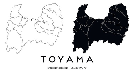 Toyama map of regions districts vector black on white and outline