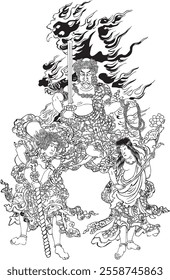 Toyokuni III's "Fudo" depicts Fudo Myoo's strength and spiritual power. Fierce expressions, flames, and symbolic items highlight his role as a guardian deity in Buddhism. 