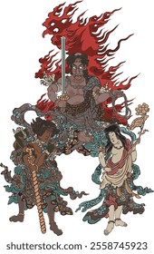 Toyokuni III's "Fudo" depicts Fudo Myoo's strength and spiritual power. Fierce expressions, flames, and symbolic items highlight his role as a guardian deity in Buddhism. 