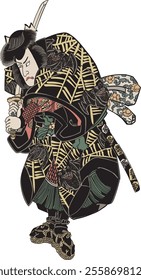Toyokuni III's "Saburo Ogata, Shikan Nakamura" captures Saburo's bravery and loyalty, as played by Shikan. Lavish costumes and vivid colors highlight the character's dignity and stage presence. 