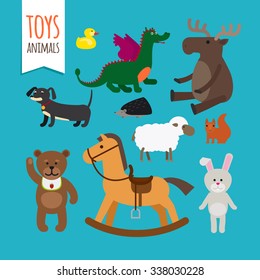 Toys Animals Vector. Teddy bear and rabbit, dragon and soft sheep