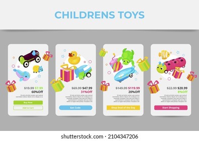 Toys app store landing page collection vector flat illustration. Set sale discount online shopping for kids mobile phone application user interface. Ecommerce digital marketing internet shop retail