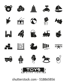 Toys For Babies, Kids, Children And Toddlers Vector Icon Set. Collection Of Solid Black Children's Toys Icons.