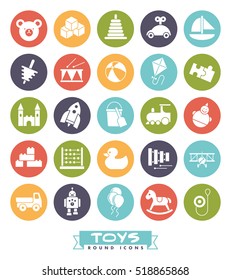 Toys for babies, kids, children and toddlers vector icon set. Collection of round children's toys color icons.