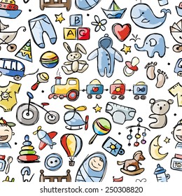 Toys for baby boy, seamless pattern for your design. Vector illustration