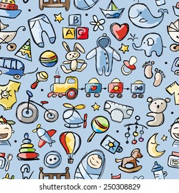 Toys for baby boy, seamless pattern for your design. Vector illustration