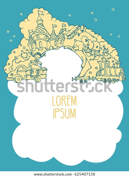 Toys background with place for\
your text, cloud outline. Bright color, cartoon castle, bear,\
train, airplane and doll. Vector illustration,\
isolated.