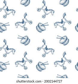 Toys background, seamless pattern for children wooden horse and drums design elements