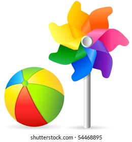 toys - beach ball and pinwheel - vector illustration