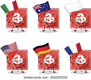 Toys block three cartoon character bring the flags of various countries. Vector illustration