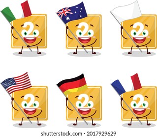 Toys block two cartoon character bring the flags of various countries. Vector illustration