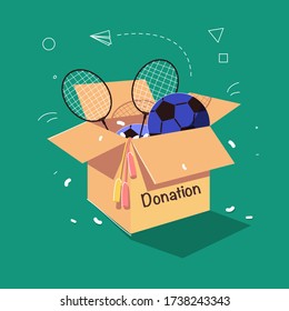 Toys in box. Balls, 
badminton, 
jump ropes. Charity and donation. Flat illustration isolation on green background. 