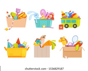 Toys box. Children toy cars rocket soccer bear gifts for kids vector packages collection