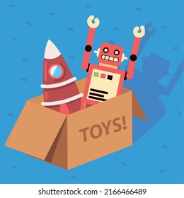 Spielzeugbox mit Roboter und Rakete