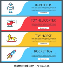 Toys for boys web banner templates set. Robot, helicopter, rocking horse, rocket. Website color menu items. Vector headers design concepts