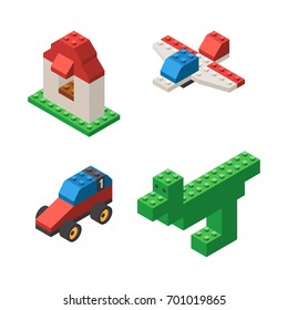 Toys built from children's designer, plastic blocks: dinosaur, house, airplane and car. Isometric vector illustration isolated on white background