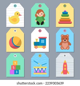 Toys cards. tags with children toys ball doll teddy bear. Vector designs templates