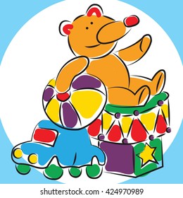 Toys cartoon, bear, ball, car, cube, drum