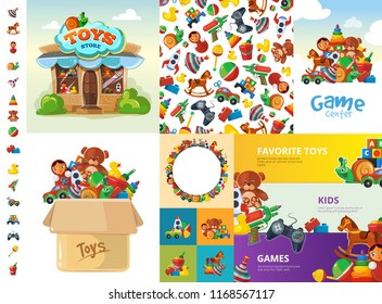 Toys Cartoon Collection. Funny Games For Children Rattle Machine Gun Bear Duck Child Box Vector Big Creation Kit