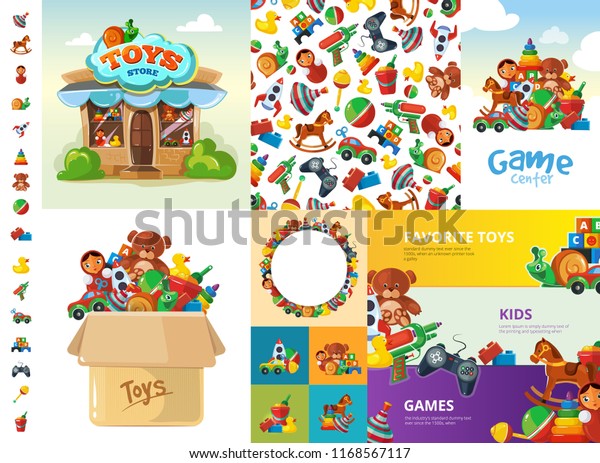 toys cartoon\
collection. funny games for children rattle machine gun bear duck\
child box vector big creation\
kit