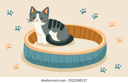 Brinquedos para gatos. Um lugar para coçar, uma cama e uma casa para gatos. Acessórios para dormir e brincar com animais. Ilustração em plano vetorial