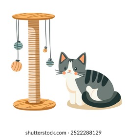 Toys for cats. A scratching post, a bed and a house for cats. Accessories for sleeping and playing for animals. Vector flat illustration