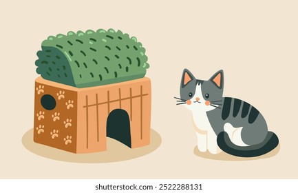 Toys for cats. A scratching post, a bed and a house for cats. Accessories for sleeping and playing for animals. Vector flat illustration