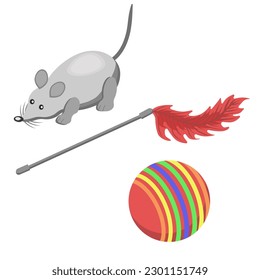 Toys for cats:mouse,feathers,ball,isolated on a white background.Vector illustration.