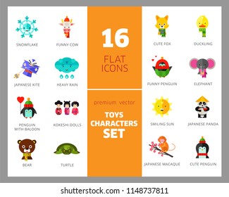 Toys characters icon set. Elephant, bear, penguin, fox. Cartoon concept. Can be used for topics like art, application, animation