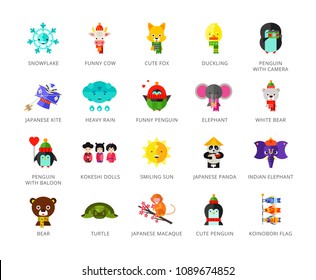 Toys characters icons set with elephant, bear, penguin and fox. Twenty two multicolored vector illustrations