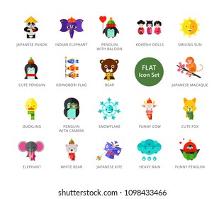 Toys characters icons set with elephant, bear, penguin and fox. Twenty two multicolored vector illustrations