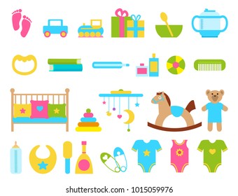 Toys and childish objects, collection of items for kids, cradle and pillows, toys and clothes, pins and presents, bowl and spoon, vector illustration