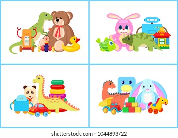 Toys for children collection, set of toys, teddy bear and bunny, robots and dinosaurs, car and duck, vector illustration isolated on white background