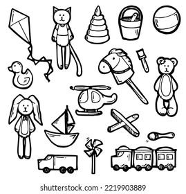 Toys for children of different ages. Set of different items. Outline hand drawn sketch. Drawing with ink. Isolated on white background. Vector.