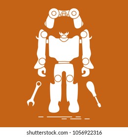 Toys for children: robot, remote control, spanner, screwdriver. Design for banner, poster or print.