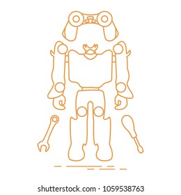 Toys for children: robot, remote control, spanner, screwdriver. Design for banner, poster or print.