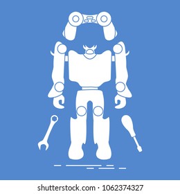 Toys for children: robot, remote control, spanner, screwdriver. Design for banner, poster or print.