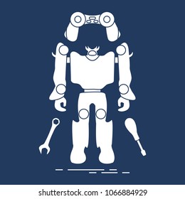 Toys for children: robot, remote control, spanner, screwdriver. Design for banner, poster or print.