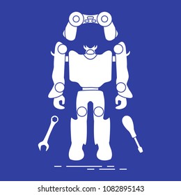 Toys for children: robot, remote control, spanner, screwdriver. Design for banner, poster or print.