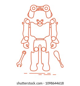Toys for children: robot, remote control, spanner, screwdriver. Design for banner, poster or print.