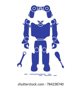Toys for children: robot, remote control, spanner, screwdriver. Design for banner, poster or print.
