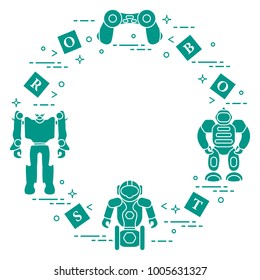 Toys for children: robots, remote control, cubes. Design for banner, poster or print.