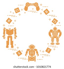 Toys for children: robots, remote control, cubes. Design for banner, poster or print.