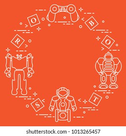 Toys for children: robots, remote control, cubes. Design for banner, poster or print.