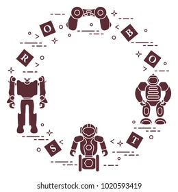 Toys for children: robots, remote control, cubes. Design for banner, poster or print.