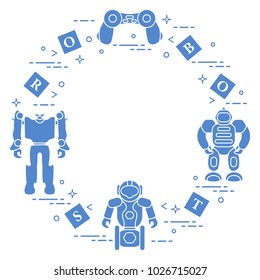 Toys for children: robots, remote control, cubes. Design for banner, poster or print.